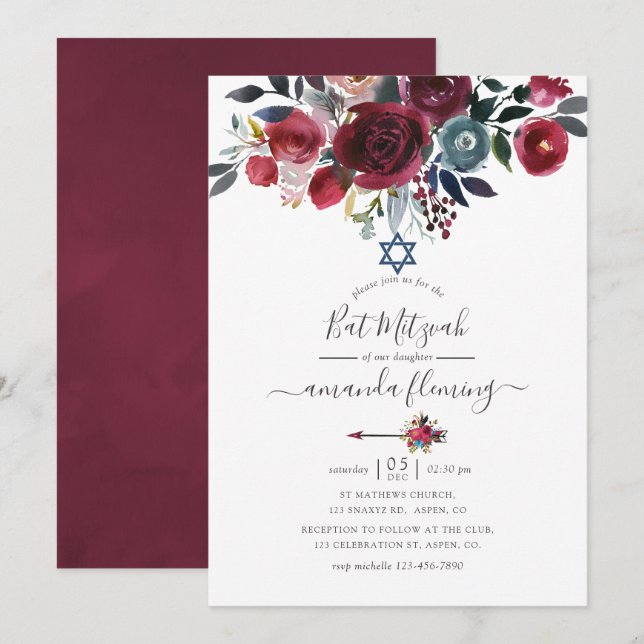 Invitation Boho Chic Bourgogne et Fleur de Marine Bat Mitzvah (Devant / Derrière)