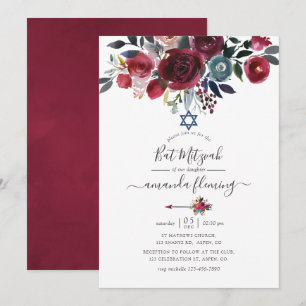 Invitation Boho Chic Bourgogne et Fleur de Marine Bat Mitzvah