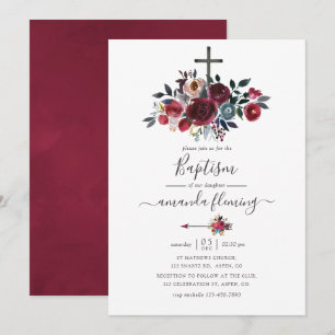 Invitation Boho Chic Bourgogne et Floral de Baptême Naval