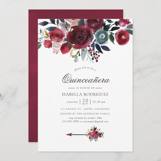 Invitation Boho Chic Bourgogne et floral de marine Quinceañer (Devant / Derrière)