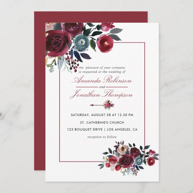 Invitation Boho Chic Bourgogne et Mariage de automne d'automn (Devant / Derrière)