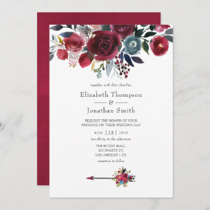 Invitation Boho Chic Bourgogne et Mariage floral Navy