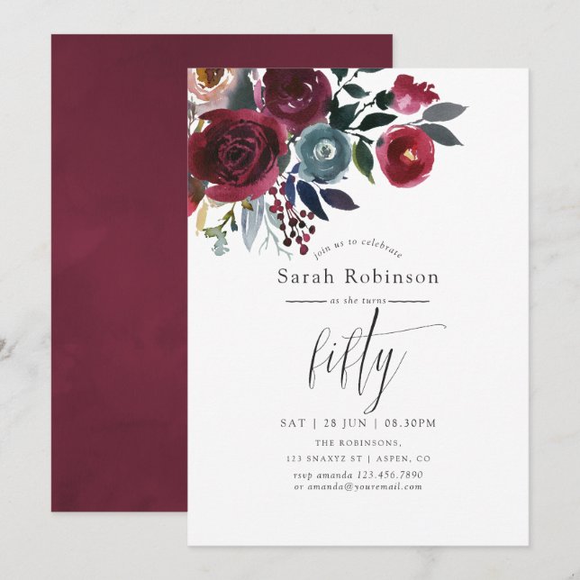 Invitation Boho Chic Bourgogne et Marine Fête d'anniversaire  (Devant / Derrière)