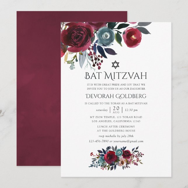 Invitation Boho Chic Bourgogne et Nuit Bat Mitzvah (Devant / Derrière)