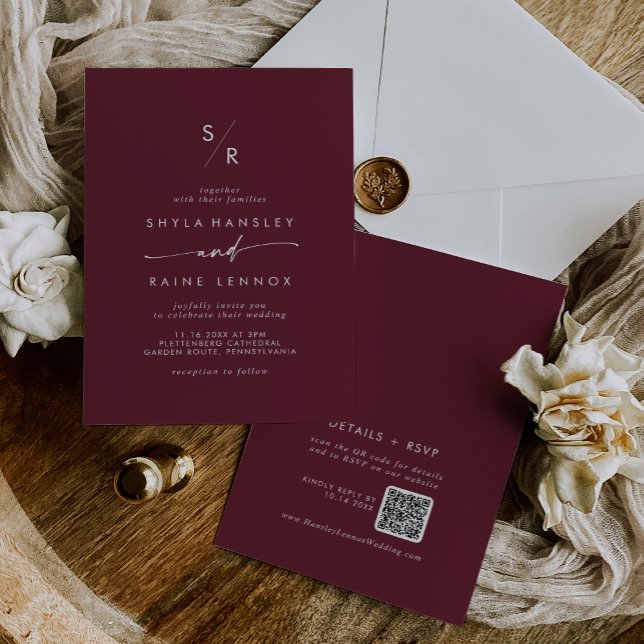 Invitation Boho Chic Bourgogne Rouge Monogramme QR Code Maria (Boho Chic Burgundy Red Monogram QR Code Wedding Invitation)