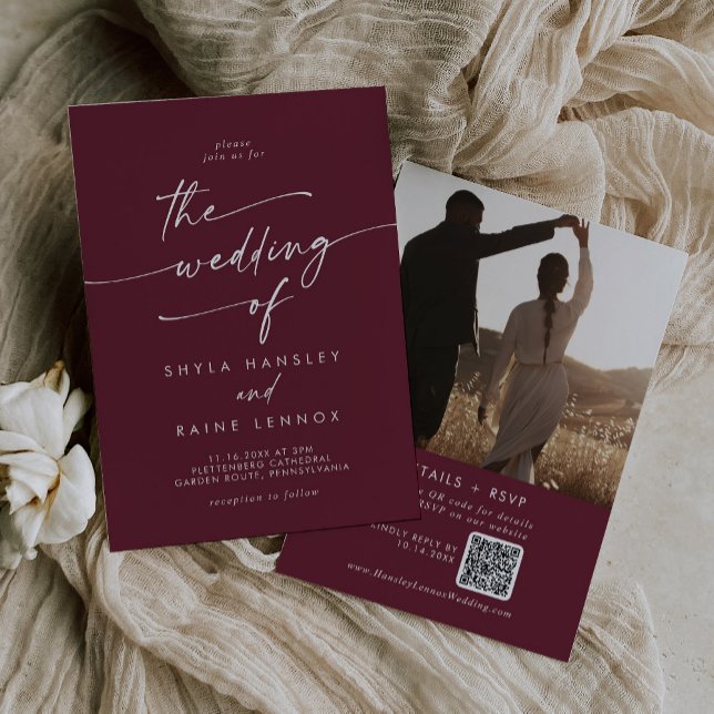 Invitation Boho Chic Bourgogne Rouge Photo QR Code Mariage (Créateur téléchargé)