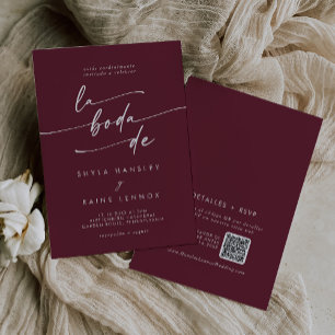 Invitation Boho Chic Bourgogne Rouge QR Code Mariage espagnol