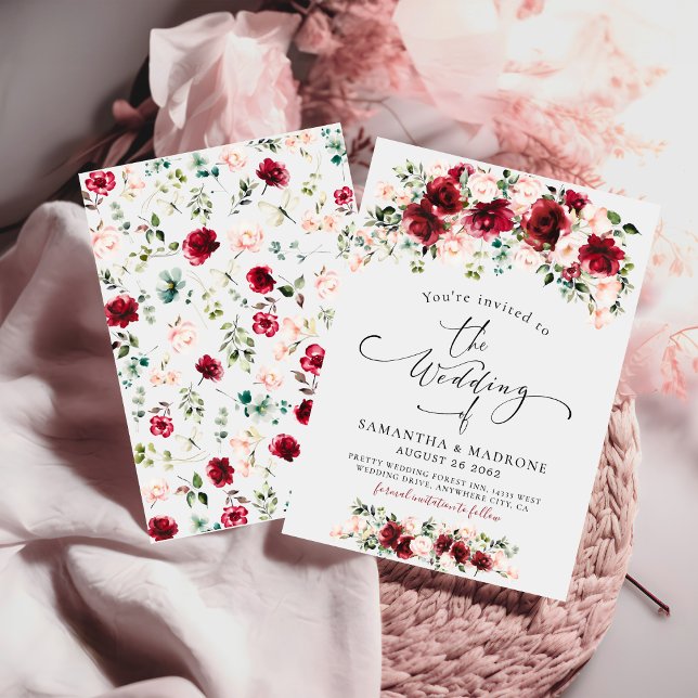 Invitation Boho Chic Bourguignon Roses Fleurs Vertes Mariage (Créateur téléchargé)