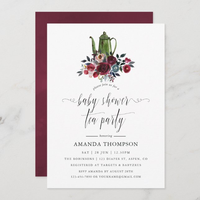 Invitation Boho Chic Burgundy et Navy Baby shower Tea Party (Devant / Derrière)