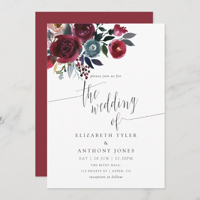 Invitation Boho Chic Burgundy et Navy mariage floral invite (Devant / Derrière)