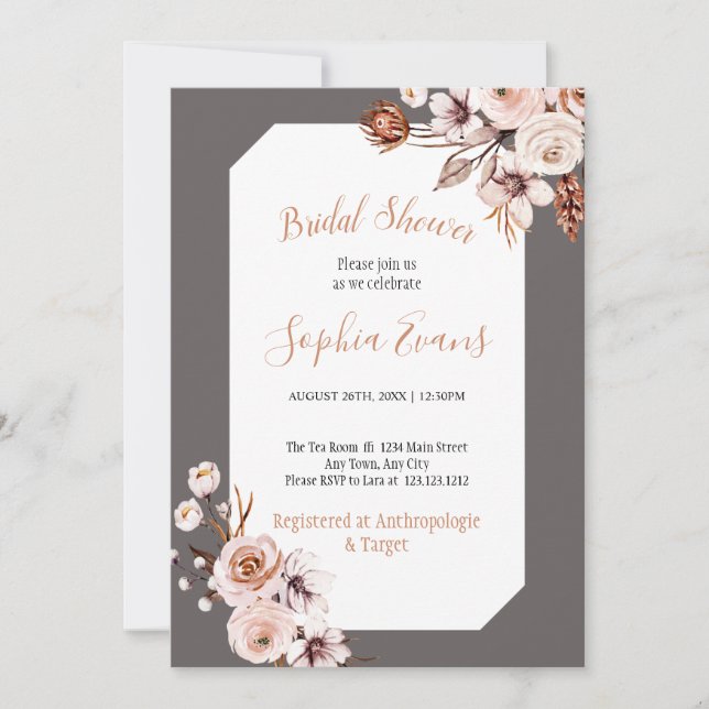 Invitation Boho Chic Cream et Brown Fête des mariées florale (Devant)