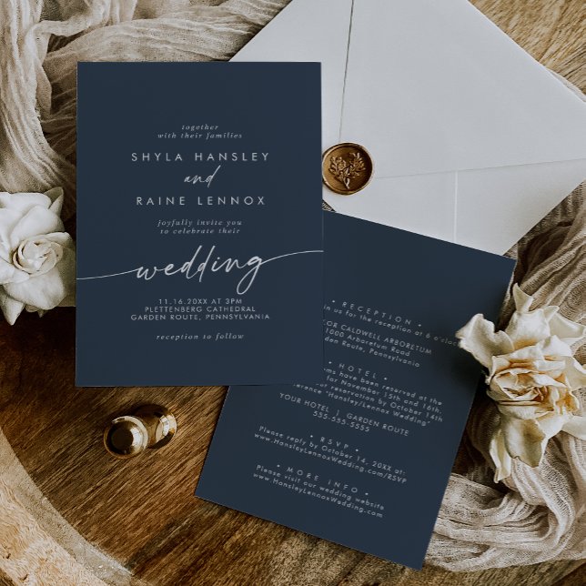 Invitation Boho Chic Dark Navy bleu avant et arrière Mariage (Créateur téléchargé)