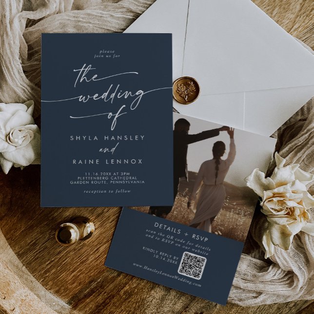 Invitation Boho Chic Dark Navy Bleu Photo QR Code Mariage (Créateur téléchargé)