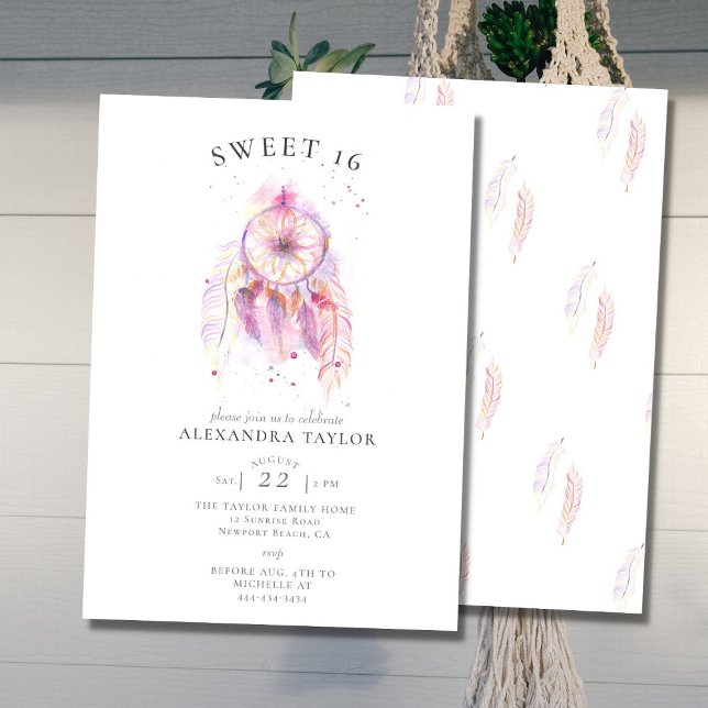 Invitation Boho Chic Dream Catcher Aquarelle rose Sweet 16 (Créateur téléchargé)