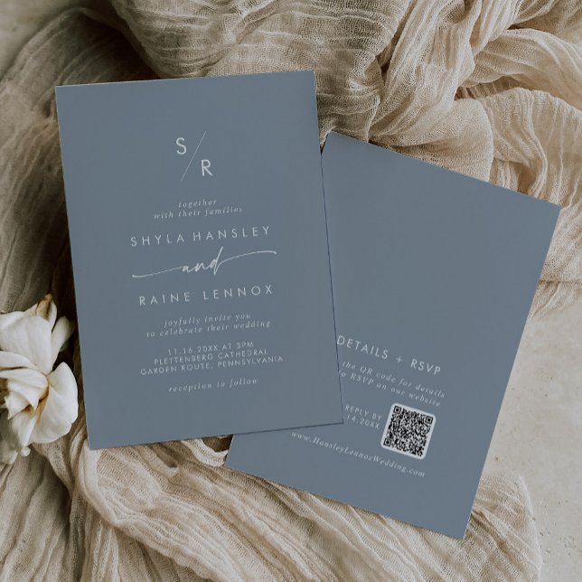 Invitation Boho Chic Dusty Bleu Monogramme QR Code Mariage (Créateur téléchargé)
