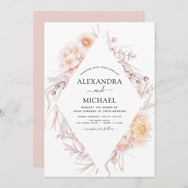 Invitation Boho Chic Dusty Mariage du désert rose (Devant / Derrière)