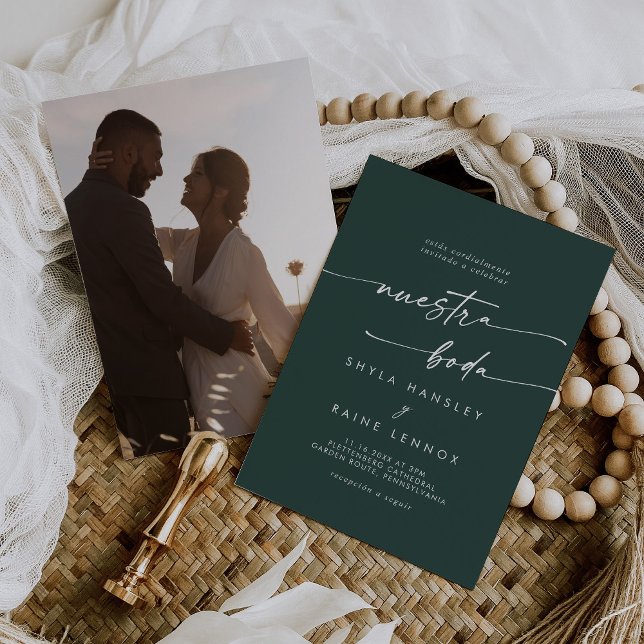 Invitation Boho Chic Emerald Green Photo Mariage espagnol (Créateur téléchargé)