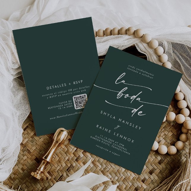 Invitation Boho Chic Emerald Green QR Code Mariage espagnol (Créateur téléchargé)
