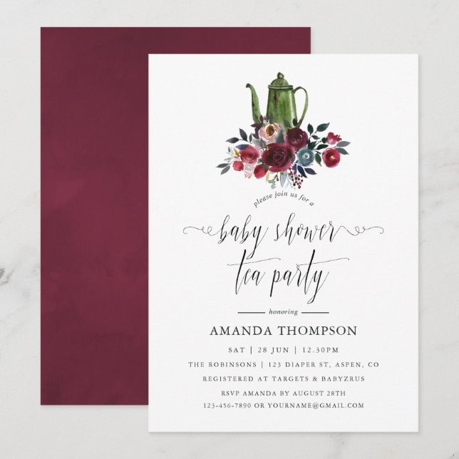 Invitation Boho Chic Fête de Naissance au thé Burgundy et Nav (Devant / Derrière)