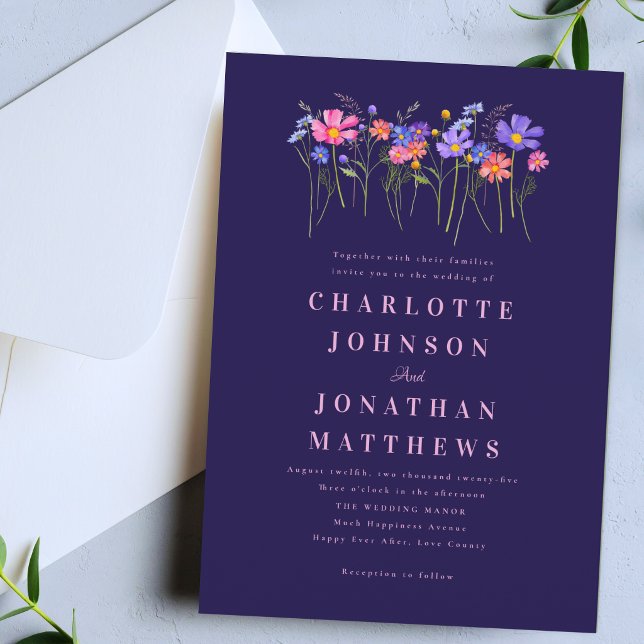 Invitation Boho Chic Fleur de Fauvage Bleu Nuit Rose Floral M (Elegant modern wildflower meadow vibrant florals navy blue pink wedding invitation)