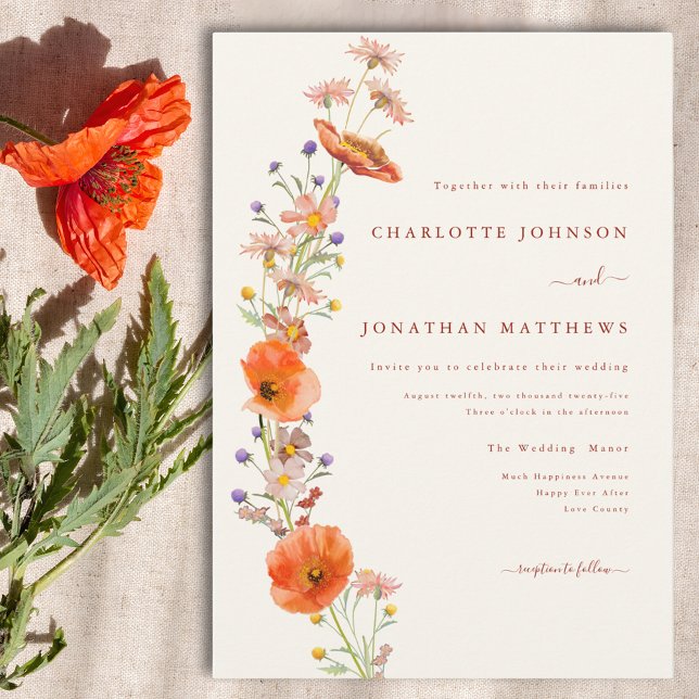 Invitation Boho Chic Fleur Orange Marron Floral Mariage (Simple elegant wildflower boho wedding invitation)