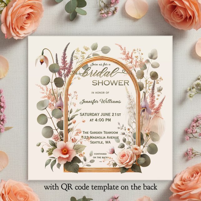 Invitation Boho Chic Fleur Rose Gold Arche Mariage Bapteme (Bohemian bridal shower invitation featuring a watercolor flower arrangement around a rose gold arch)