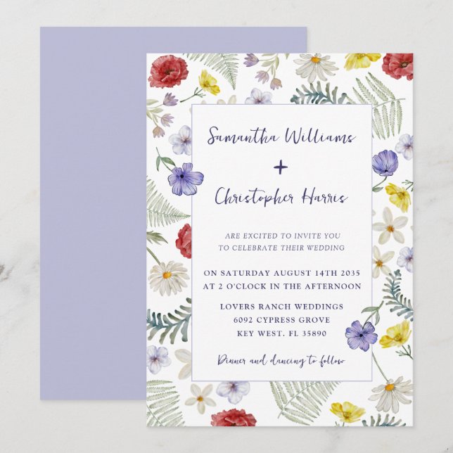 Invitation Boho Chic Fleur Sauvage Aquarelle Mariage   (Devant / Derrière)