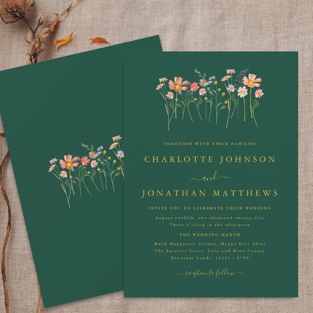 Invitation Boho Chic Fleur Sauvage Automne Vert et Or Mariage (Boho fall Wildflower floral green & gold Wedding invitation Elegant modern watercolor autumn flowers)