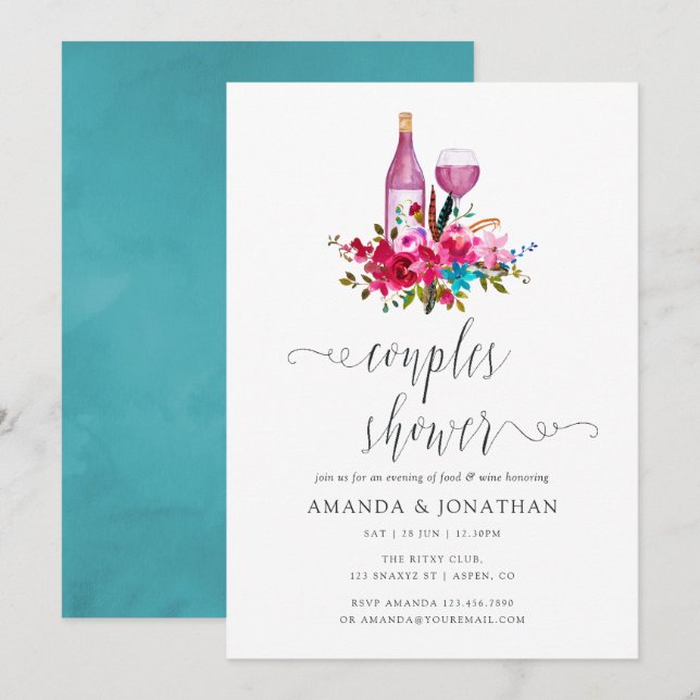 Invitation Boho Chic Fleurs Couple Shower Tasting de Vin (Devant / Derrière)