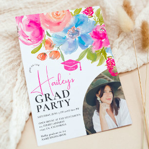 Invitation Boho chic floral aquarelle photo graduation 2024
