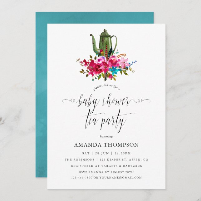 Invitation Boho Chic Floral Baby shower Tea Party (Devant / Derrière)