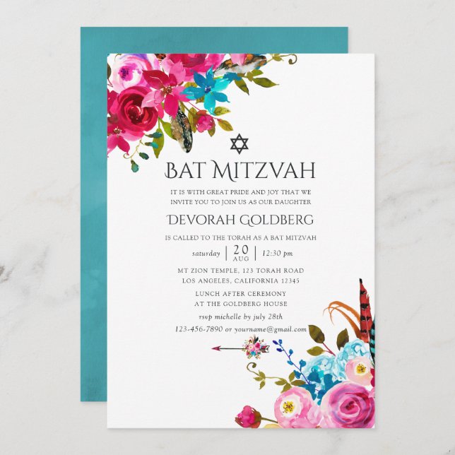 Invitation Boho Chic Floral Bat mitzvah (Devant / Derrière)