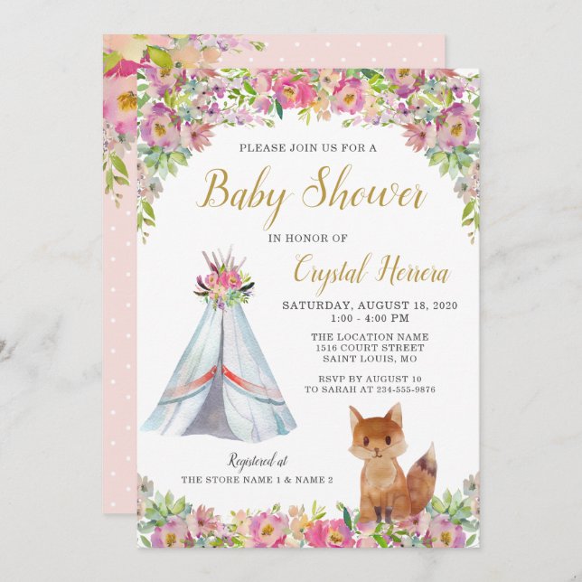 Invitation Boho Chic Floral Fox Teepee Baby shower tribal (Devant / Derrière)
