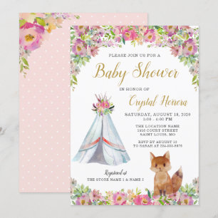 Invitation Boho Chic Floral Fox Teepee Baby shower tribal