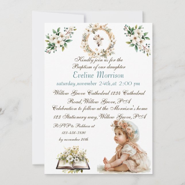 Invitation Boho Chic Floral Girls Baptême (Devant)