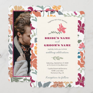 Invitation Boho Chic Floral Mariage Photo Rétro Milieu de Siè