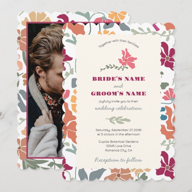 Invitation Boho Chic Floral Mariage Photo Rétro Milieu de Siè (Devant / Derrière)