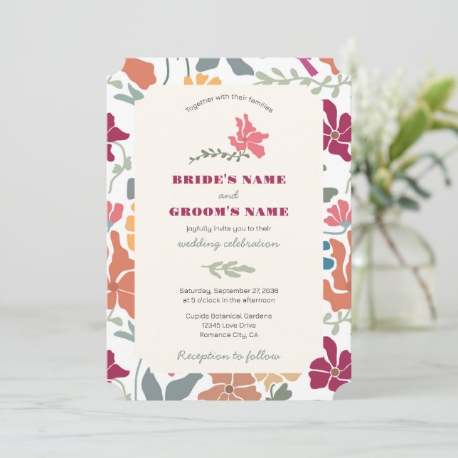 Invitation Boho Chic Floral Mariage Rétro Milieu de Siècle (Debout devant)
