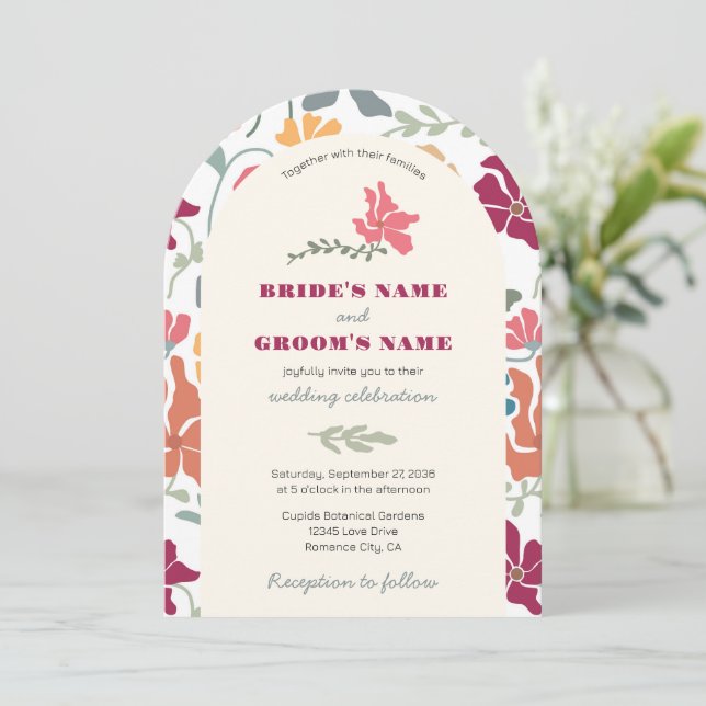 Invitation Boho Chic Floral Mariage Rétro Milieu de Siècle (Debout devant)