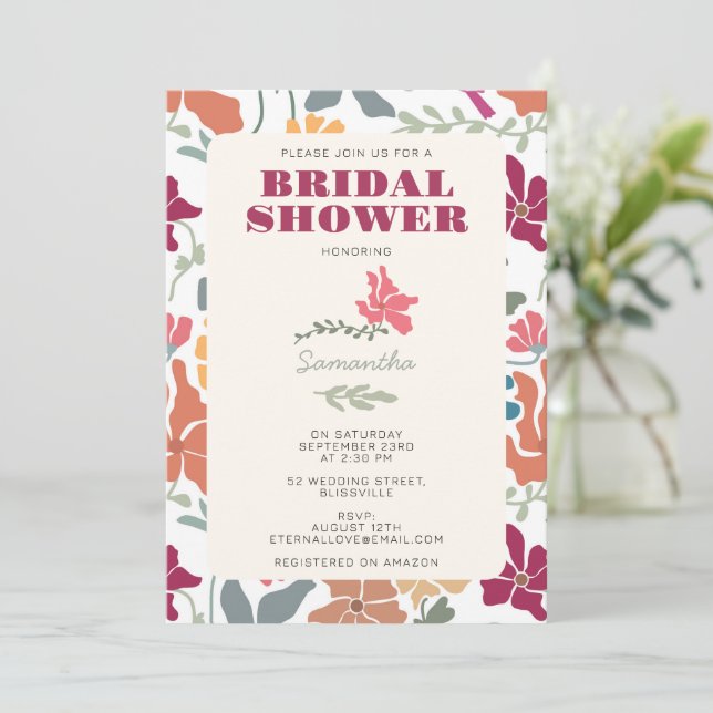 Invitation Boho Chic Floral Retro Mariage Milieu de Siècle (Debout devant)