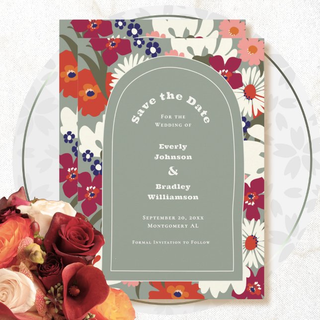 Invitation Boho Chic Floral Sage Green Modern Save the Date (Créateur téléchargé)