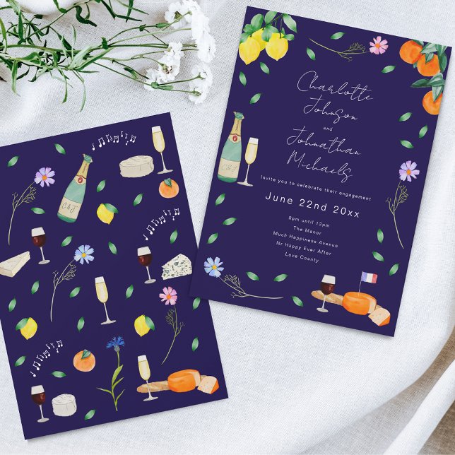 Invitation Boho Chic French Wine and Cheese Engagement Party (Wildflower boho citrus floral navy blue french wine and cheese Wedding invitation )
