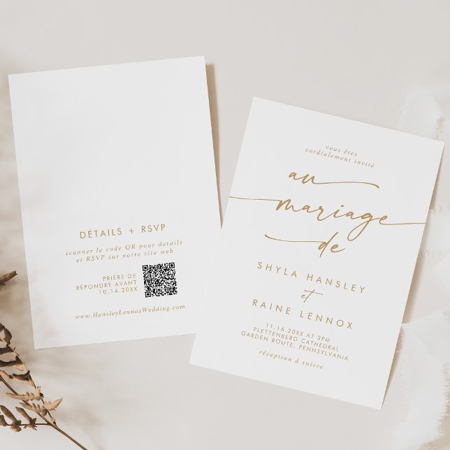 Invitation Boho Chic Gold et Blanc QR Code Mariage français (Boho Chic Gold and White QR Code French Wedding Invitation)