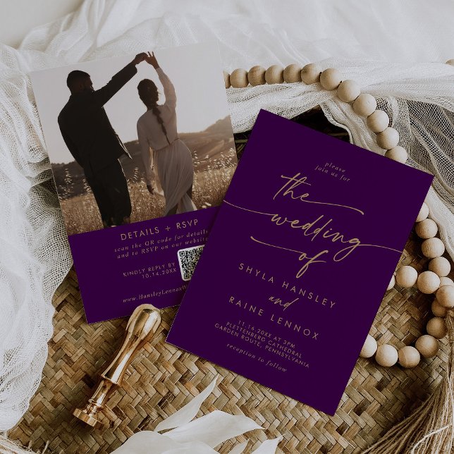 Invitation Boho Chic Gold et Purple Photo QR Code Mariage (Créateur téléchargé)