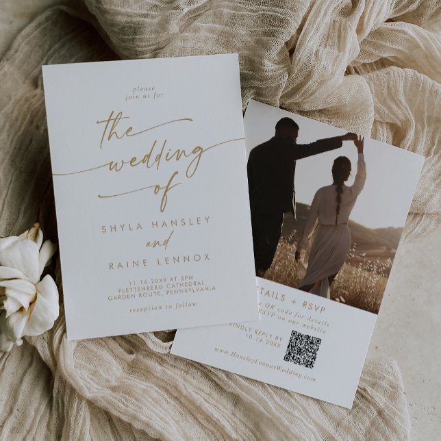 Invitation Boho Chic Gold et White Photo QR Code Mariage (Boho Chic Gold and White Photo QR Code Wedding Invitation)
