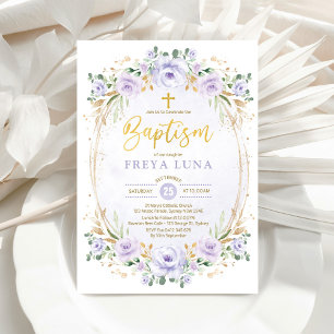 Invitation Boho Chic Lavande Or Fleur Fille Baptême