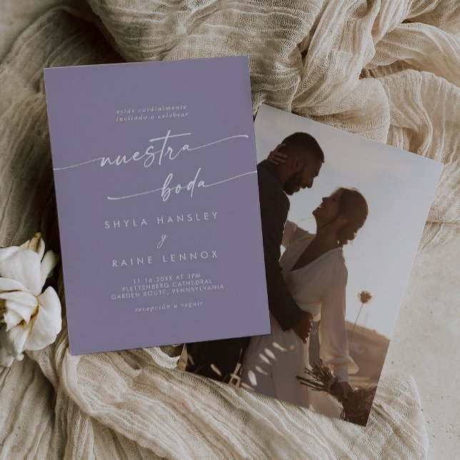 Invitation Boho Chic Lavender Purple Photo Mariage espagnol (Créateur téléchargé)