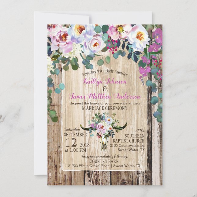 Invitation Boho Chic Longhorn Crâne de vache Mariage floral (Devant)