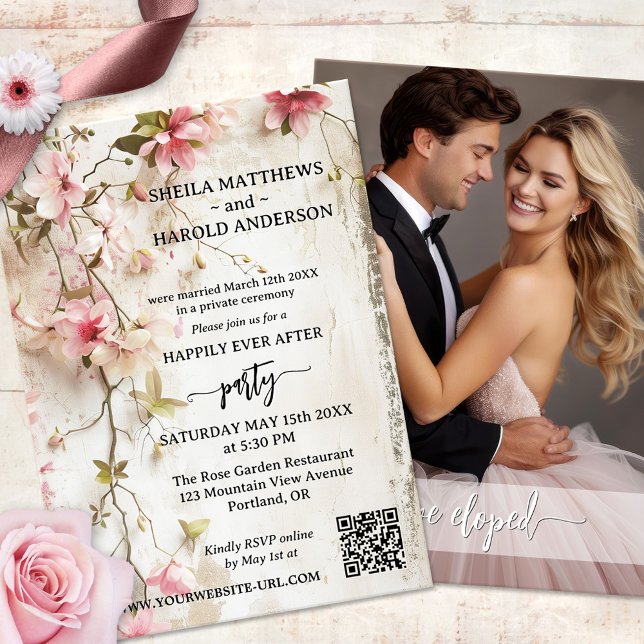 Invitation Boho Chic Mariage Réception Uniquement Elopement (Boho chic happily ever after or post wedding invitation featuring your photo and watercolor flowers)
