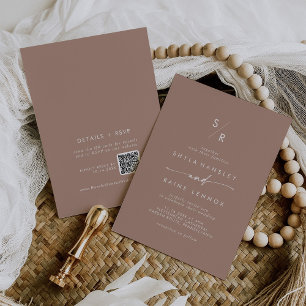 Invitation Boho Chic Neutral Taupe Monogramme QR Code Mariage